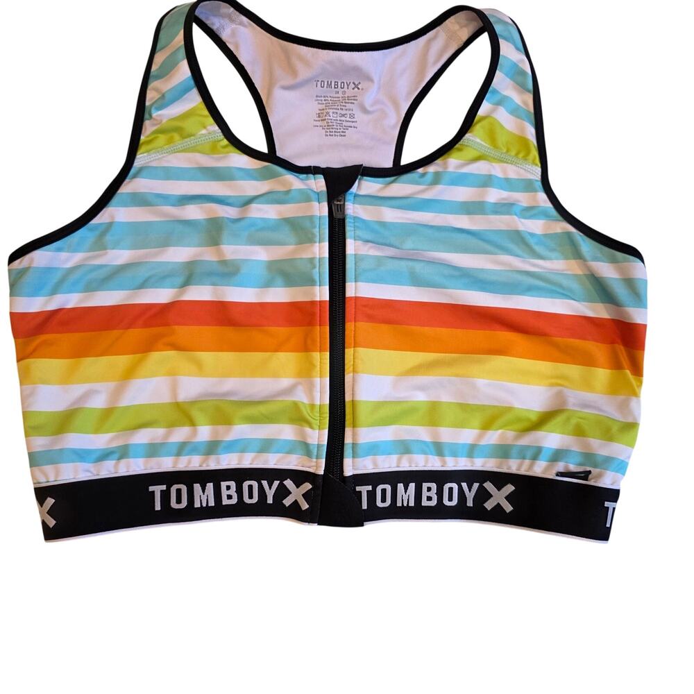 TomboyX Compression Swim Top 2X Rainbow Striped Zip Front Binder Swimsuit